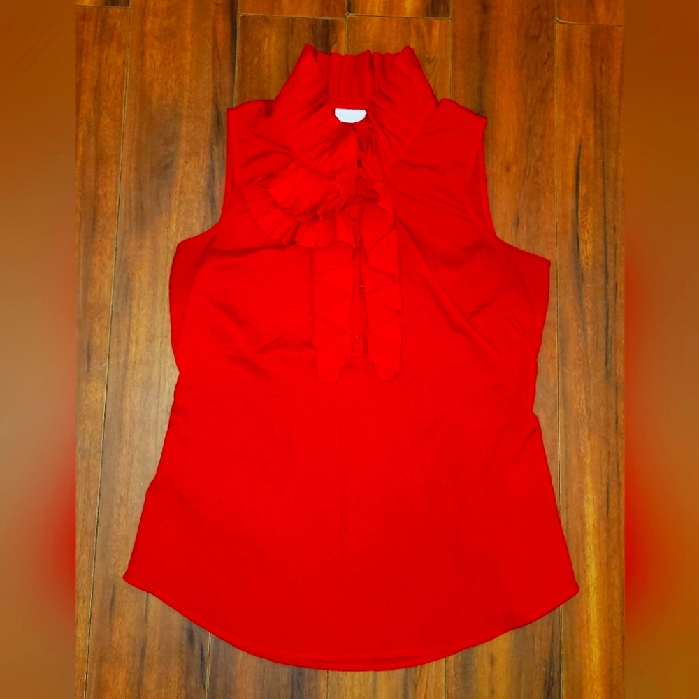 EUC New York & Company Vibrant Red Sleeveless Ruffle Half Button Up Blouse